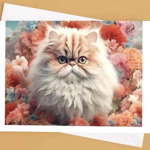 4x6 inch Note Card Pack of 10 - Persian Kitty Cat Peonies