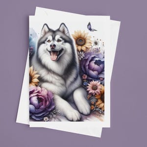 4x6 inch Note Card Pack of 10 - Siberian Husky Flower Floral