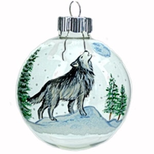 Christmas ornament hand-painted clear glass - Howling Wolf