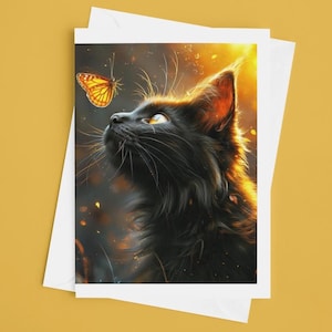4x6 inch Note Card Pack of 10 - Monarch Kisses Black Cat with Monarch Butterfly
