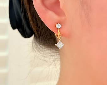 Hypoallergenic Screw Back Clip On Earrings| 14k Gold Plated Diamond Lozenge Dangle Earrings | No Piercing & Comfortable Jewelry