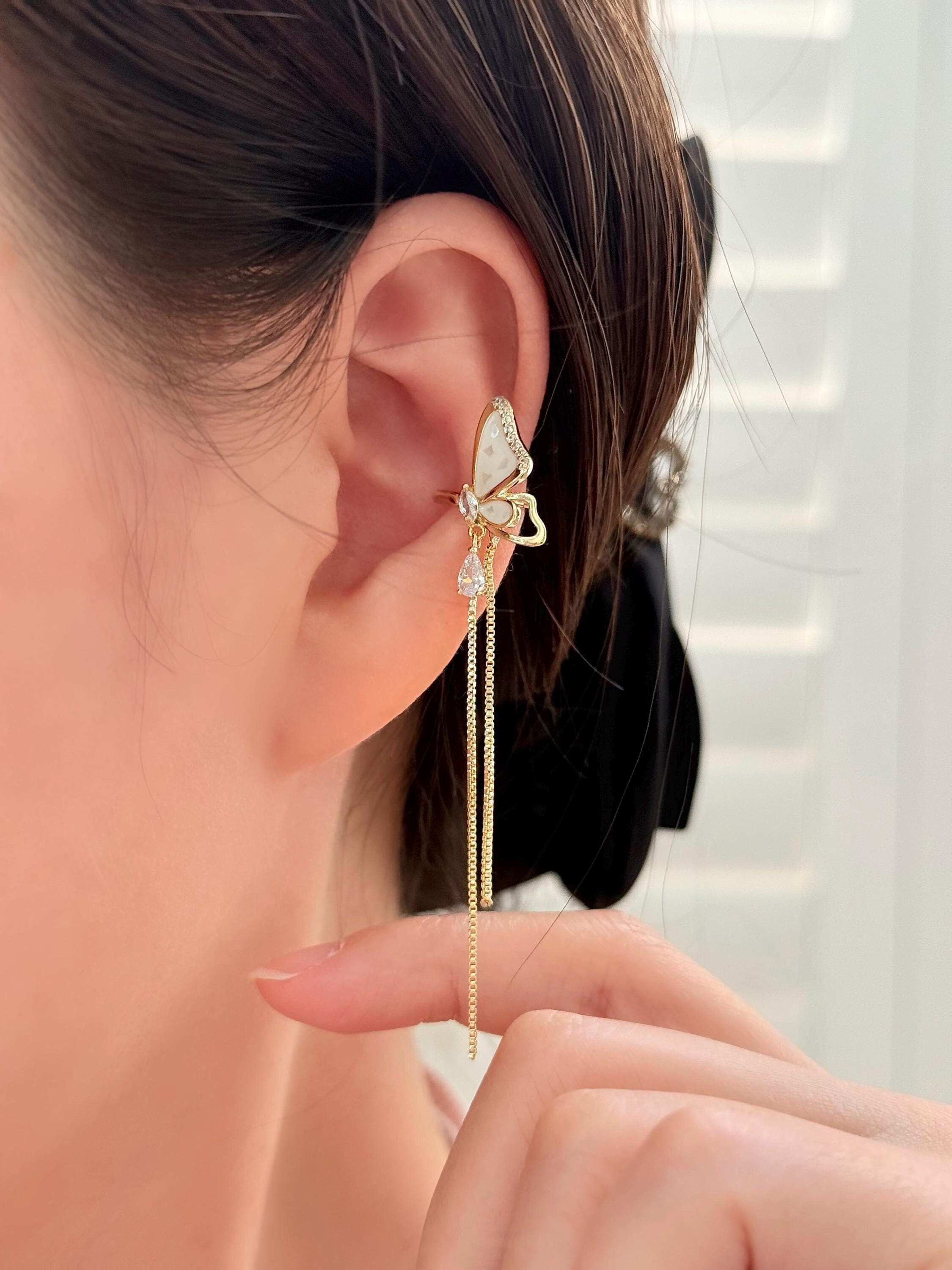 Hypoallergenic Gold Ear Cuff| 14K Gold Plated Diamond Butterfly Tassel  Ear Cuff | No Piercing, Lightweight & Comfortable Jewelry