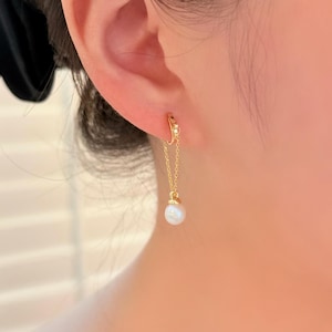 Hypoallergenic Clip On Earrings| 14K Gold Plated Freshwater Round Pearl Dangle Earrings| No Piercing, Lightweight & Comfortable Jewelry
