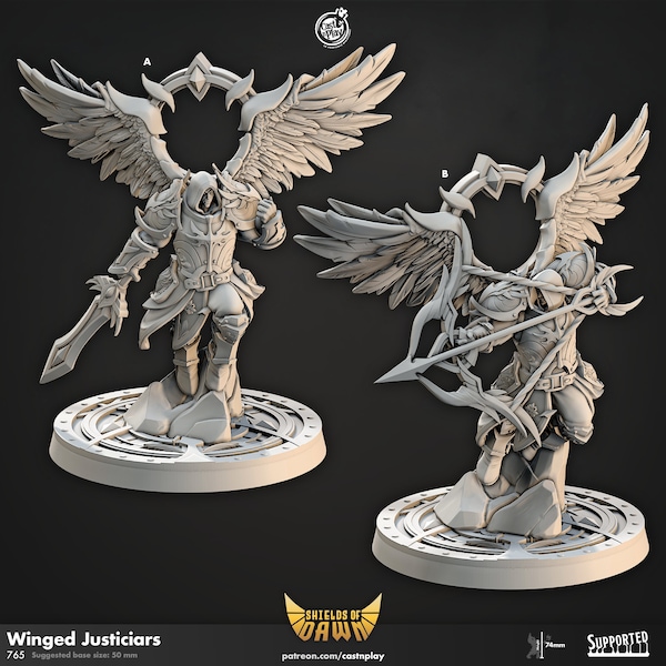Winged Justiciar, Angelic, Medium 47mm, Shields of Dawn * Cast n Play * 3D Printed Gaming Mini