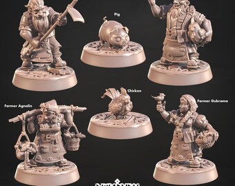 Dwarven Brewcrop Farmers with Pigs and Chickens (Dwarven Legacy) * Cast n Play * 3D Printed Gaming Mini