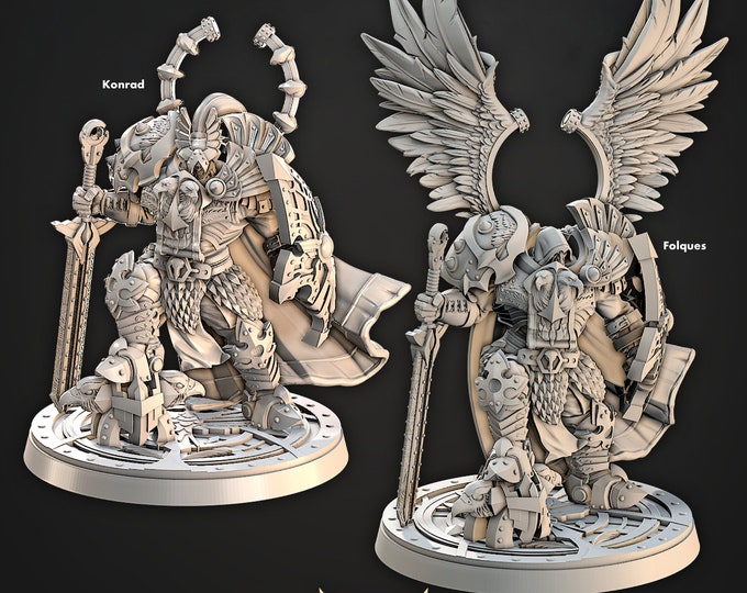 Featured listing image: Grandmaster Folques and Konrad, Angelic Being, Medium/Large 43mm at eyes, Shields of Dawn * Cast n Play * 3D Printed Gaming Mini