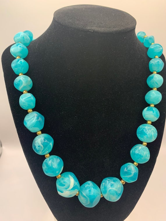 Vintage Aqua Marble Beaded Necklace - Plastic Ther