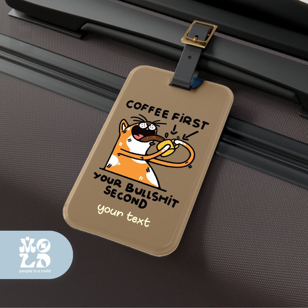 Custom Coffee First Luggage Tag, Cat School Bag Tags, Cute Cat Backpack