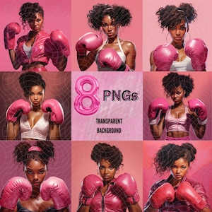 Paquete PINK FIGHTER/ Sobreviviente de cáncer de mama/ PNG/ Guantes de boxeo/ Guerrero/ Transparente/ Png/ Midjourney/ Ai Art/ Mujeres afroamericanas/
