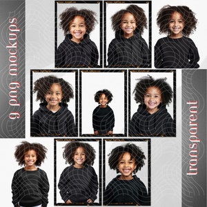 May include: Nine photo mockups featuring a young person wearing a black hoodie. The mockups are in a Polaroid style frame with a white background.