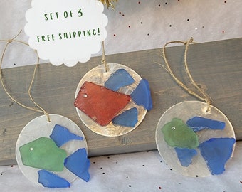 Sea Glass Fish Ornament Set, Sea Glass Hanging Decor, Fisherman Gifts, Coastal Father's Day Gifts