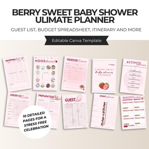 Peut inclure: Un planificateur de baby shower sur le thème des baies. Le planificateur comprend des pages pour une liste d'invités, une feuille de calcul budgétaire et un itinéraire. Le texte sur le planificateur indique "Berry Sweet Baby Shower Ultimate Planner".