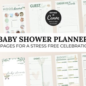 Może przedstawiać: Planer baby shower z 10 stronami, zawierający tablicę nastrojów, listę gości, harmonogram wydarzeń, listę zakupów i narzędzie do śledzenia budżetu. Planer jest edytowalny w Canva z darmowym kontem.