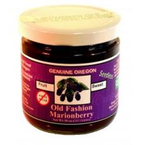 May include: A glass jar of Old Fashion Marionberry jam with a purple label featuring a black and white illustration of marionberries. The label also says "Genuine Oregon" and "Seedless".