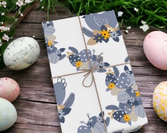 Pastel Blue Floral Wrapping Paper, Farmhouse Easter Egg Gift Wrap, Eco Friendly Neutral Cottagecore Holiday Paper, Mothers Day Gift Wrap