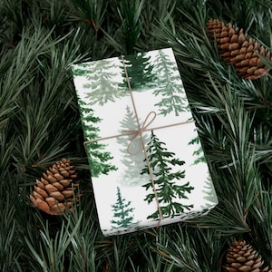 Forest Trees Wrapping Paper, Abstract Rustic Tree Gift Wrap, Eco Friendly Dark Green Holiday Gift Wrap, Matte Green and White Wrapping Paper