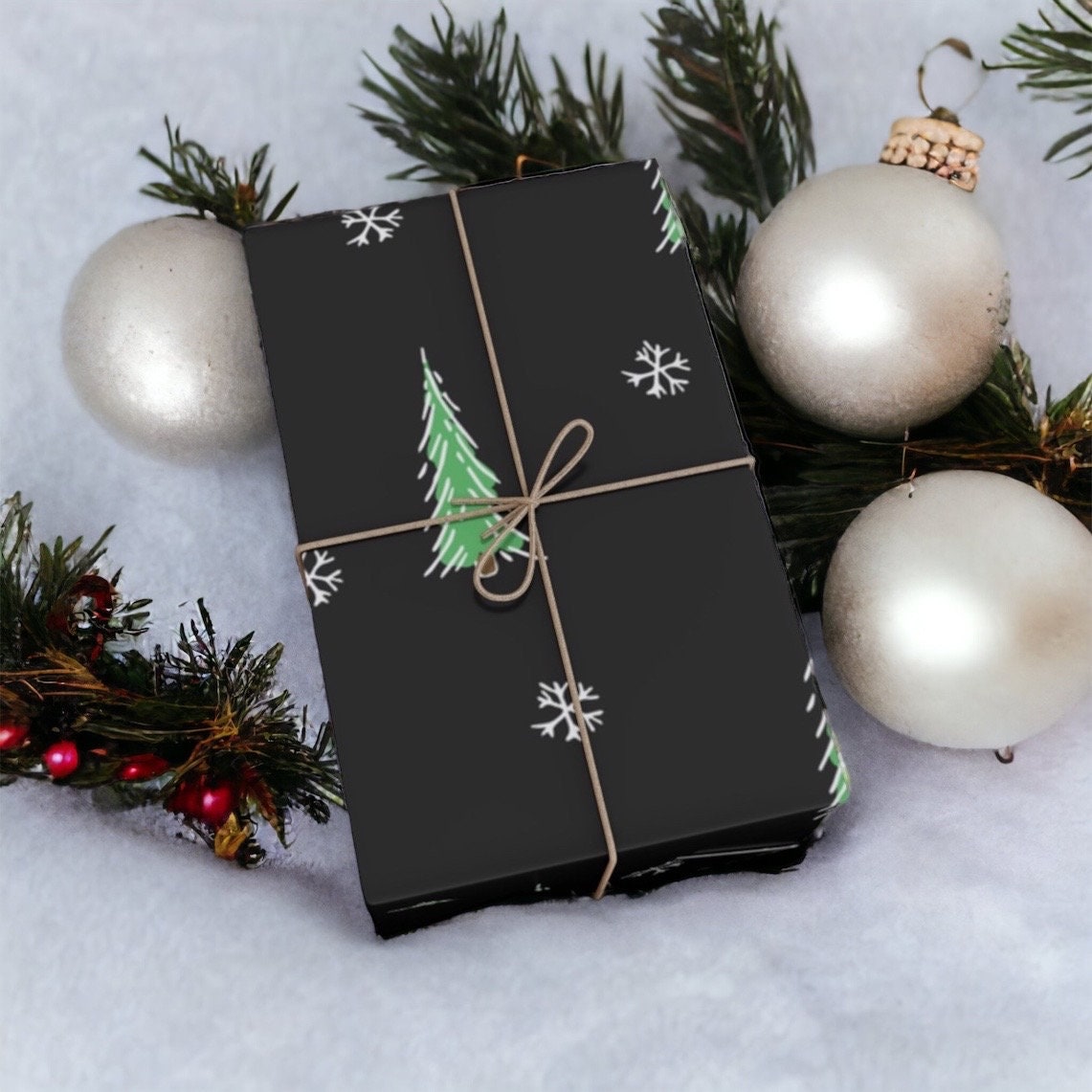 Black Winter Forest Christmas Wrapping Paper, Rustic Pine Tree Gift Wrap,  Snowflake Design Holiday Paper, Eco Friendly Matte Black Gift Wrap 