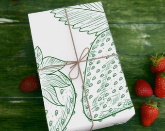 Strawberry Pattern Gift Wrap, Farmhouse Wild Fruit Wrapping Paper, Eco Friendly Green Matte Gift Wrap, Tomato Girl Berry Garden Gift Wrap