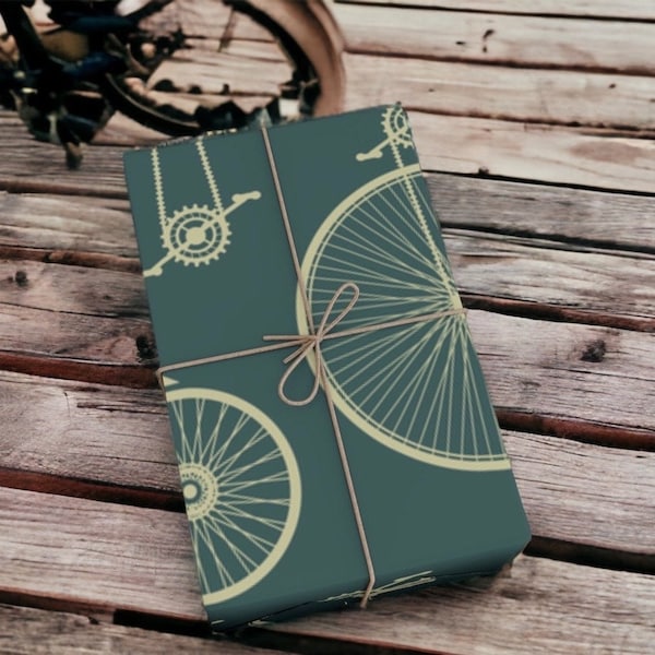 Vintage Mid Century Bicycle Gift Wrap, Retro Cyclist Wrapping Paper, Eco Friendly Matte Green Wrapping Paper, Natural Minimalist Gift Wrap