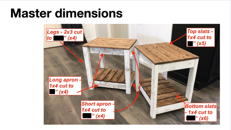 Op de afbeelding: Twee wit geverfde bijzettafels met houten bladen en planken. De tafels zijn gemaakt van 1x4 en 2x3 hout, met de afmetingen van de onderdelen aangegeven in zwarte vakken.