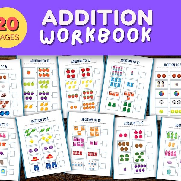 Math Addition Worksheets for Preschool to Kindergarten - 20 pages instant download