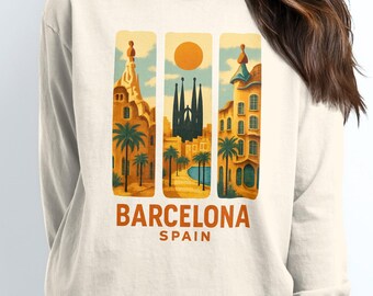 バルセロナ スペイン Tシャツ、スペイン旅行シャツ、バケーション コンフォートカラーシャツ、バルセロナランドマークシャツ、シティ スーベニアシャツ、彼へのギフト