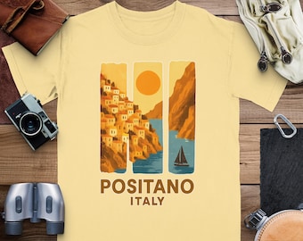 Camiseta de Positano, Italia: Camiseta de viaje con colores cómodos de la Costa Amalfitana