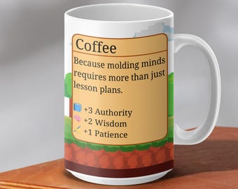 Teacher Coffee Mug, Retro RPG Pixel Art Coffee Stats Mug, Funny Gift for Teachers for Him or Her, Teacher Appreciation