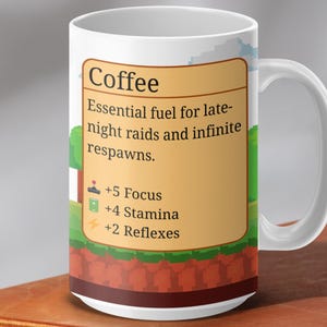Gamer Coffee Mug, Retro RPG Pixel Art Coffee Stats Mug for Gamers, Funny Gaming Gift for him or Her