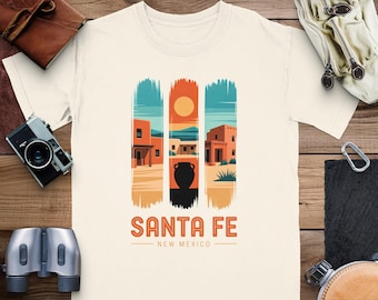 Camiseta colorida confortável de Santa Fé, Novo México, camiseta com ilustração do deserto do sudoeste, camiseta de viagem, camiseta de férias, presente de viagem