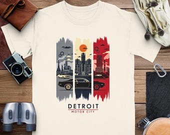 Camiseta Detroit Motor City, camiseta de colores cómodos, arte de autos clásicos, regalo de viaje, camiseta vintage de muscle car, camiseta de vacaciones, regalo para él o ella