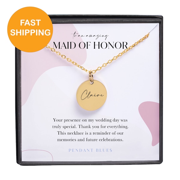 Maid of Honor Thank you Gift from bride, Dainty necklace in Sterling Silver, Gold Plated, Wedding, Custom Gift, Pendant Necklace with Card