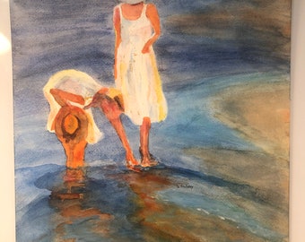 Ladies Gathering Shells on the Beach Watercolor