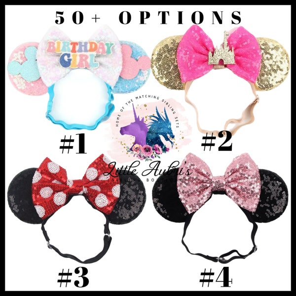 Mouse Ear Adustable Elastic Bow Headband. 50+ Options. Minnie Mouse. Stand up bows. Stand up ears. Recommended for ages 1 yr - Adults.