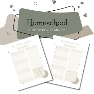 May include: Two printable unit study planner pages with a green and white color scheme. The pages have a title that says "Unit Study Plan" and have sections for "Subject", "Details", and "Activity". The pages also have a quote about homeschooling.