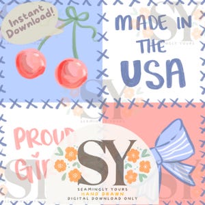 May include: A digital download of a hand-drawn design featuring a blue bow, a pink background, and the text "Proud Girl" and "Made in the USA".