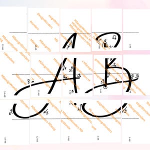 May include: A black and white image showing the steps for writing the letter 'A' in cursive. The image is divided into 15 squares, each with a number and the letter 'A' written in a different stage of completion. The numbers range from 1 to 15.