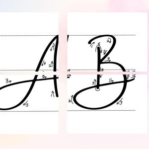 May include: A black and white image showing the letter A and the letter B written in cursive with numbered arrows showing the stroke order for each letter.