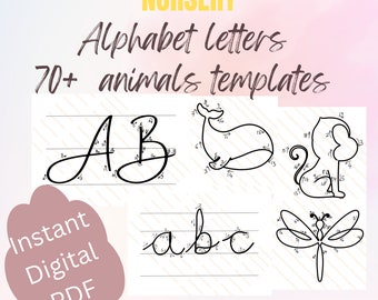 Upper&Lower letters and 70 animal knitted wire art template with guiding arrows, printable wire art alphabet pattern, wire pattern print