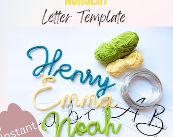May include: A nursery letter template featuring the names "Henry", "Emma", and "Noah" made from teal, yellow, and green yarn. The image includes green and yellow yarn, wire, and a sheet with calligraphy letters. Text reads "Nursery Letter Template" and "Instant pdf".