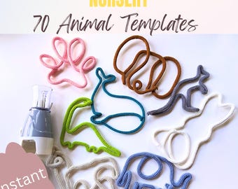 May include: 70 animal templates for nursery decor. The templates are made of yarn and are in various colors, including pink, brown, green, blue, and white. The templates are shaped like animals, such as a paw print, elephant, whale, dinosaur, and deer.
