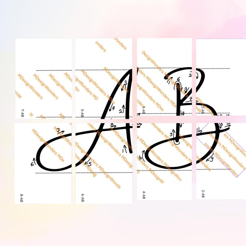 May include: A black and white illustration of the letters "A" and "B" written in cursive. The letters are divided into sections with numbers indicating the order of strokes.