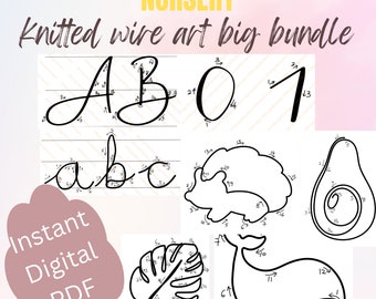 wire art knitting template bundle, Uppercase & LowerCases letters knitted wire art template, numbers, nursery animals and plants knitting