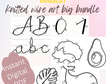 Könnte beinhalten: Ein schwarz-weißes Set mit druckbaren Punkt-zu-Punkt-Bildern für Kinder. Die Bilder beinhalten Buchstaben, einen Wal, ein Blatt, eine Avocado und einen Igel. Der Text "NURSERY Knitted wire art big bundle" befindet sich oben im Bild. Der Text "Instant Digital PDF" befindet sich in einem rosa Kreis unten links im Bild.