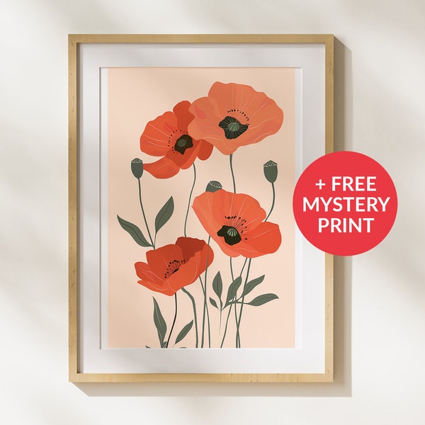 Poppy Art Print, Botanical Print Poster, Vintage Decor Minimalist, Colorful Print, Bedroom Décor