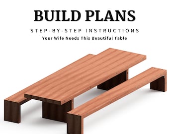 May include: Build plans for a wooden table and two benches. The table is made of light brown wood and has a rectangular top. The benches are also made of light brown wood and have a rectangular seat. The plans include step-by-step instructions.
