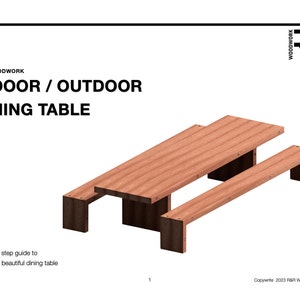 May include: A reddish-brown wooden dining table with attached benches, suitable for indoor or outdoor use. The image features the text "R&R Woodwork" and "Indoor / Outdoor Dining Table". The image also includes the text "A step by step guide to building a beautiful dining table".
