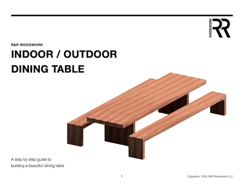 May include: A reddish-brown wooden dining table with attached benches, suitable for indoor or outdoor use. The image features the text "R&R Woodwork" and "Indoor / Outdoor Dining Table". The image also includes the text "A step by step guide to building a beautiful dining table".