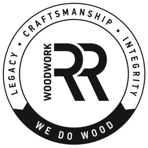 May include: A black and white circular logo with the words "LEGACY", "CRAFTSMANSHIP", and "INTEGRITY" around the perimeter. The words "WOODWORK" and "WE DO WOOD" are also present. The logo features two stylized black "R" letters.