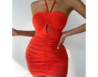 Red, White | Backless Dress Halter Neckline | Sleeveless Bodycon | Ruched | Wrinkled | Pleated